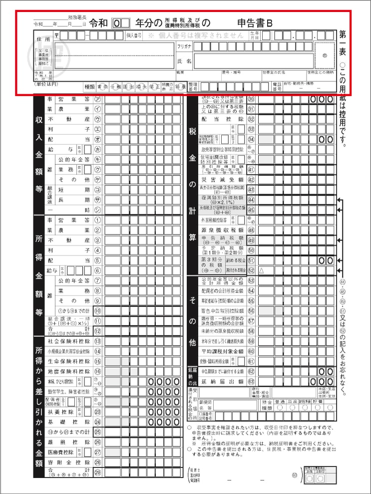 事業所得の確定申告書B